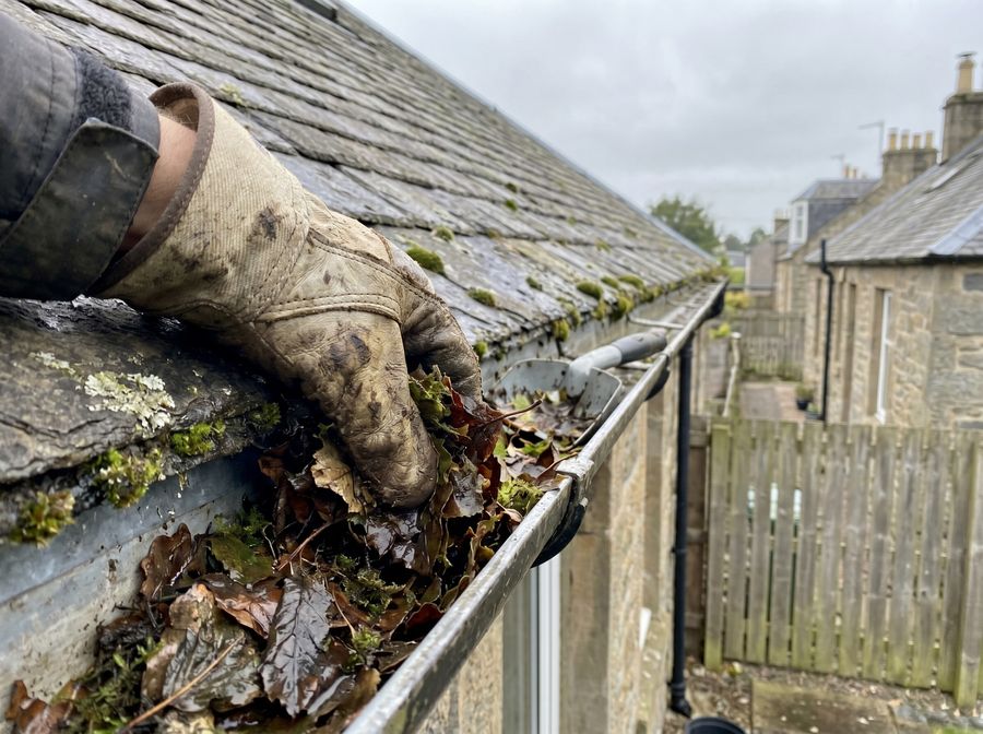 Clearing leaves and debris from a roof gutter