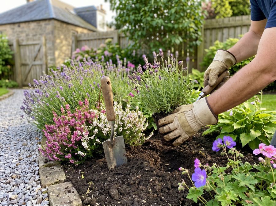 Hands planting a flowering shrub into a garden border