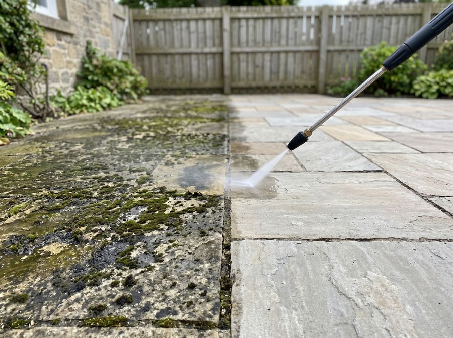 Patio being pressure washed — before and after